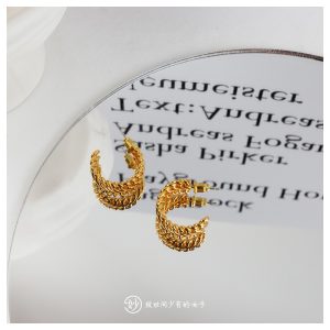 妙半圆形C形链条编织条螺纹复古时髦黄铜色耳钉耳环
