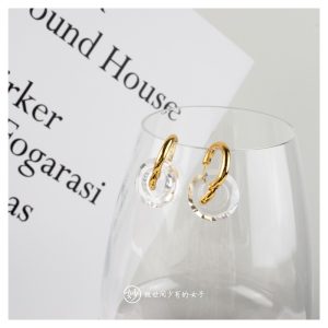 妙金色透明双圈环绕造型耳钉耳环设计师款独特自制风格