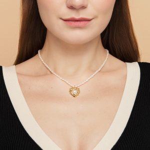 QM – 18k Gold Plated Heart Shape Pearl Stud necklaces