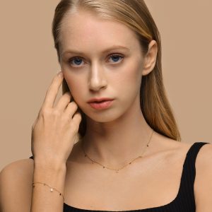 QM – Dainty Gold Bracelets for Women, 14K Gold Plated Cubic Zirconia Adjustable BraceletsEarrings With Peal Dainty Huggie Earrings