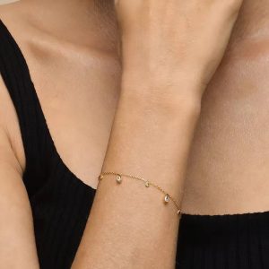 QM – Dainty Gold Bracelets for Women, 14K Gold Plated Cubic Zirconia Adjustable BraceletsEarrings With Peal Dainty Huggie Earrings