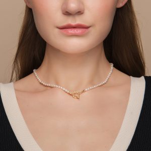 QM – Freshwater Pearls Dainty Necklaces with 18k Gold Plated Brass OT Buckle